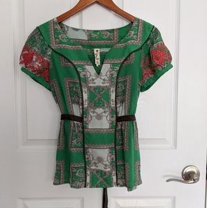 Anthropologie Floreat Green Silk Embroidery Top
